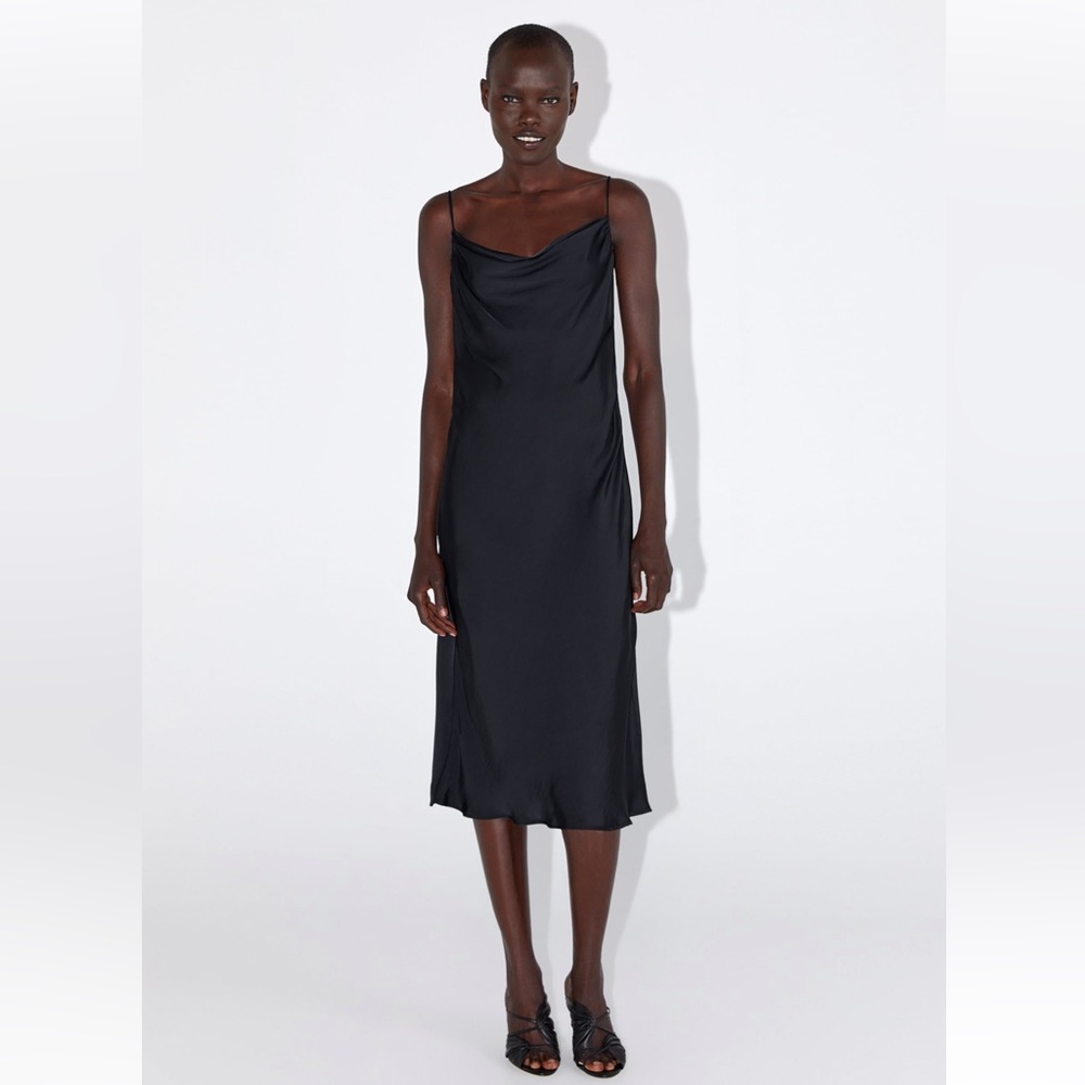 Zara Sleek Black Satin Midi Dress